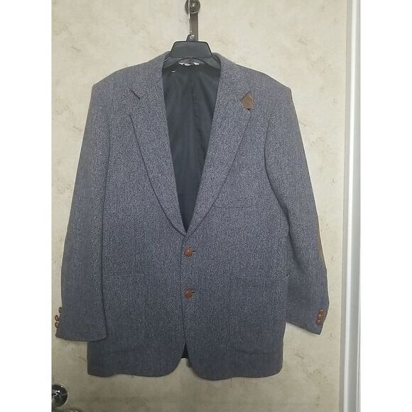 Vintage 42L Tweed Blazer Mens Blue Wool Jacket Elbow Patch Sport Hunting Coat - Picture 2 of 14